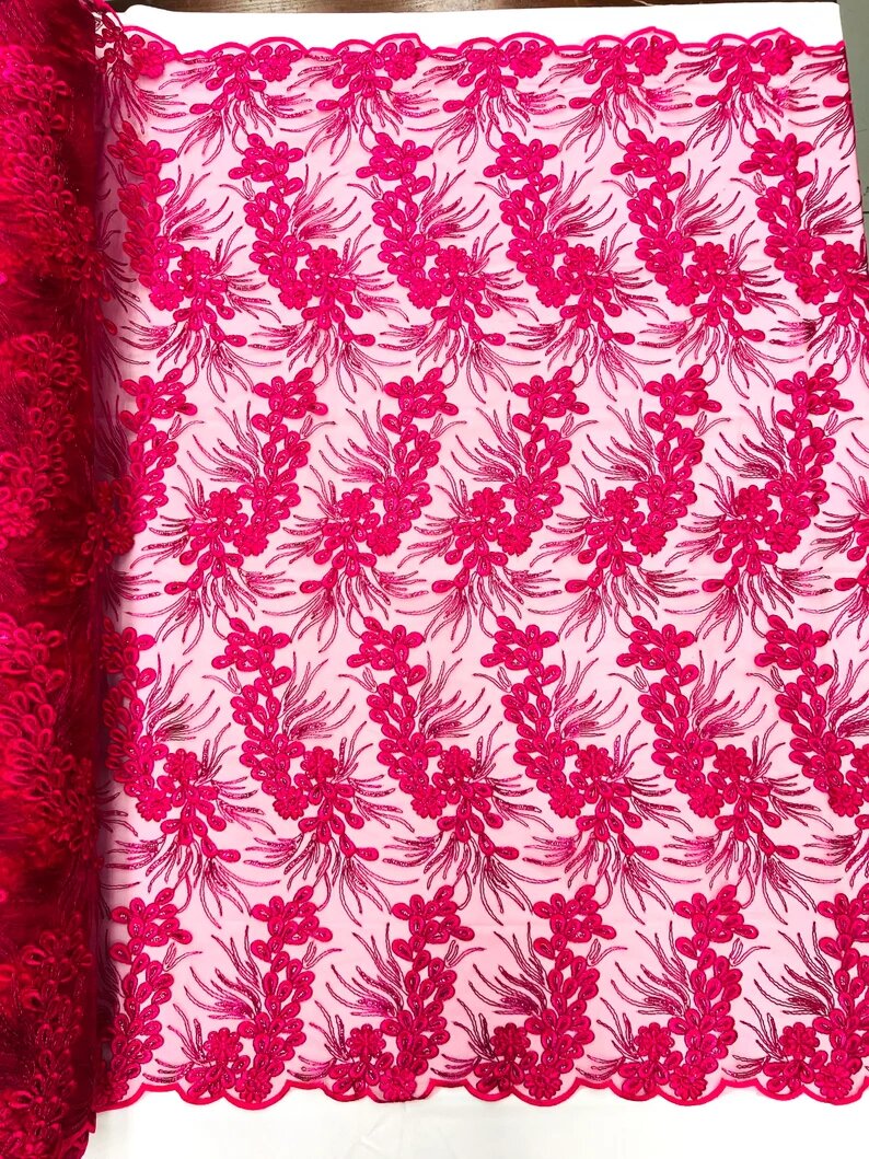 Feather design lace with metallic cord and embroider with sequins on a mesh-Sold by the yard. Fucshia