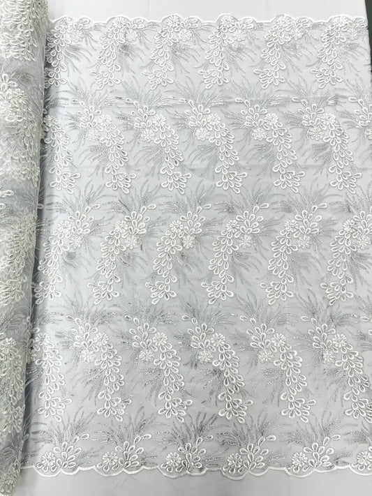Feather design lace with metallic cord and embroider with sequins on a mesh-Sold by the yard. White Silver