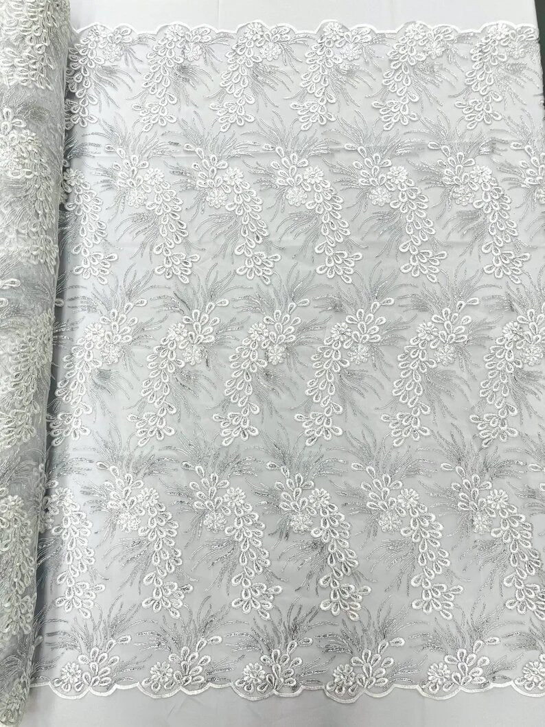 Feather design lace with metallic cord and embroider with sequins on a mesh-Sold by the yard. White Silver