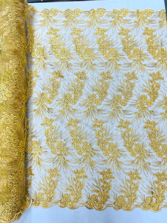 Feather design lace with metallic cord and embroider with sequins on a mesh-Sold by the yard. Gold