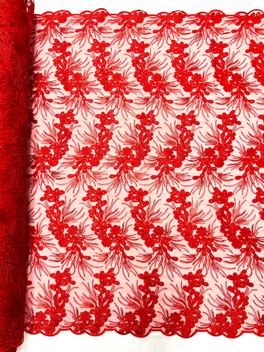 Feather design lace with metallic cord and embroider with sequins on a mesh-Sold by the yard. Red