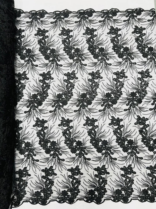 Feather design lace with metallic cord and embroider with sequins on a mesh-Sold by the yard. Black