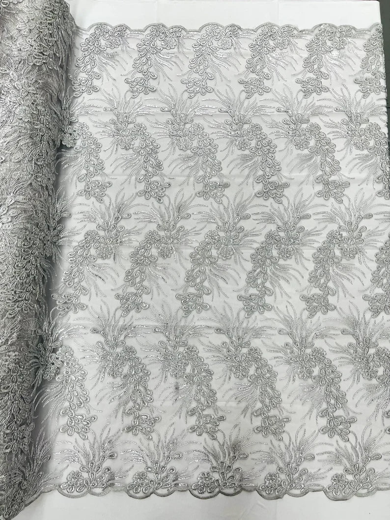 Feather design lace with metallic cord and embroider with sequins on a mesh-Sold by the yard. SilverGray