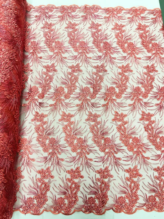 Feather design lace with metallic cord and embroider with sequins on a mesh-Sold by the yard. Mauve