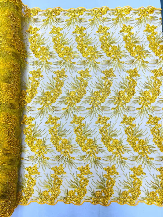 Feather design lace with metallic cord and embroider with sequins on a mesh-Sold by the yard. Yellow