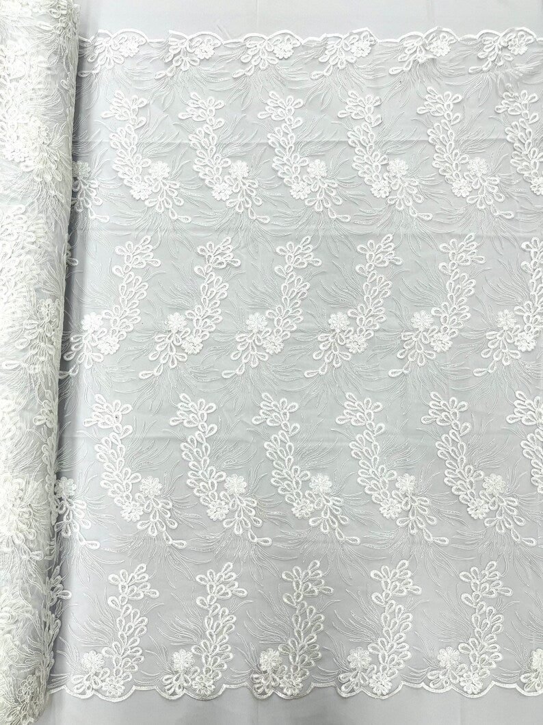 Feather design lace with metallic cord and embroider with sequins on a mesh-Sold by the yard. White