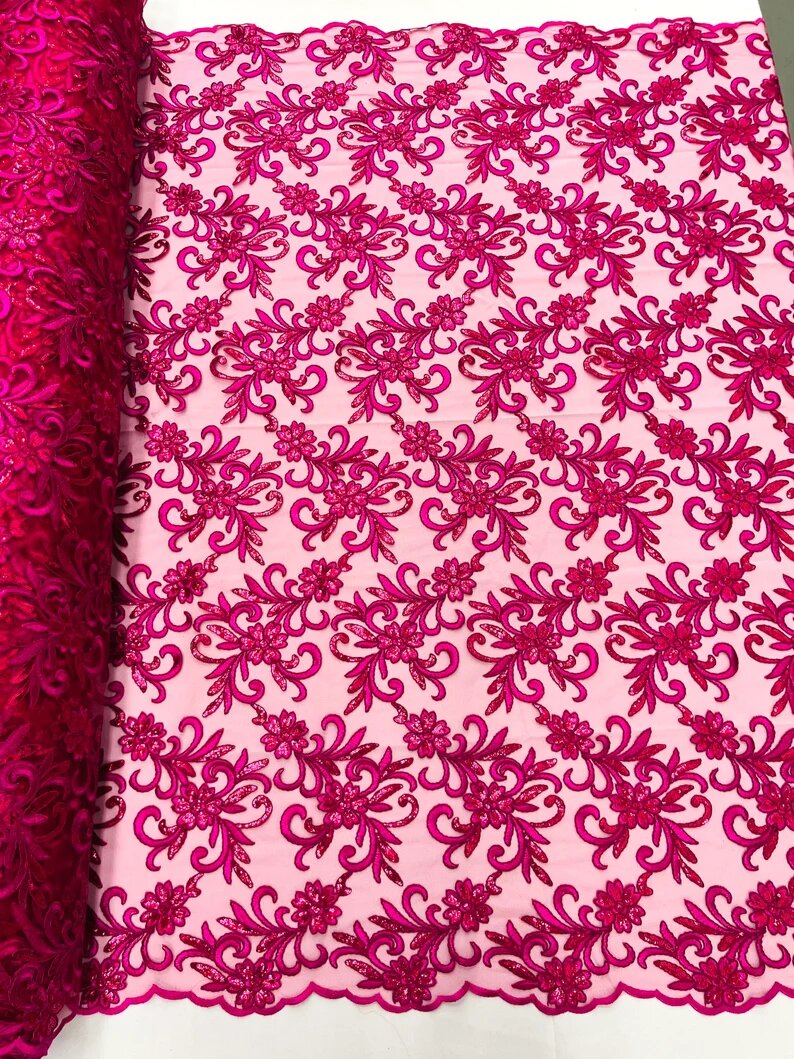 Corded flowers embroider with sequins on a mesh lace fabric-sold by the yard- Fuchsia