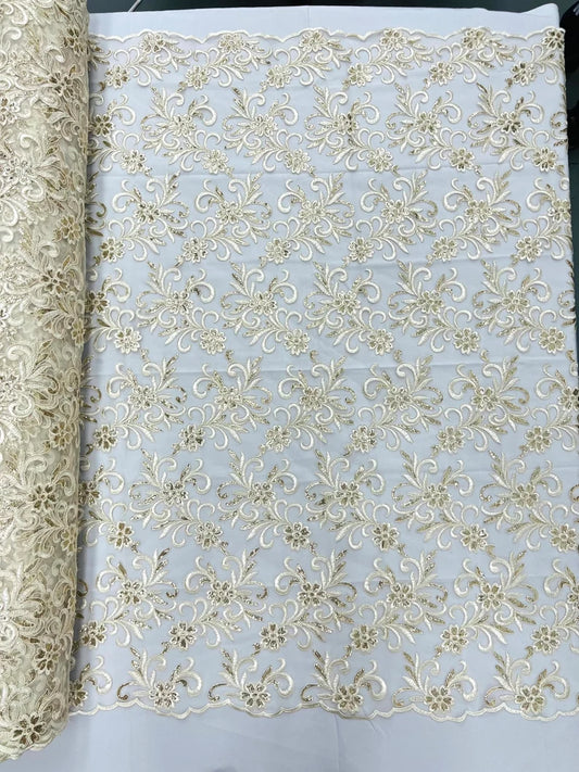 Corded flowers embroider with sequins on a mesh lace fabric-sold by the yard- Ivory