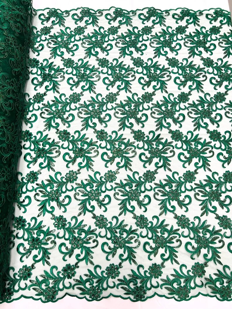 Corded flowers embroider with sequins on a mesh lace fabric-sold by the yard- Hunter Green