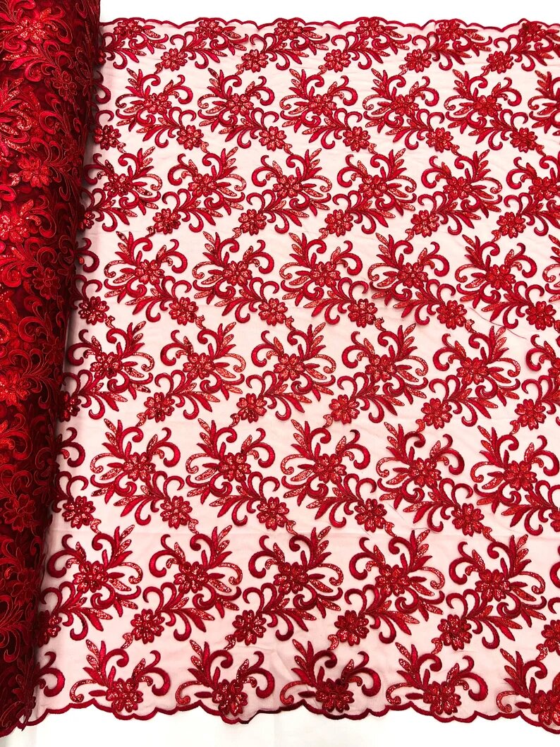 Corded flowers embroider with sequins on a mesh lace fabric-sold by the yard- Burgundy