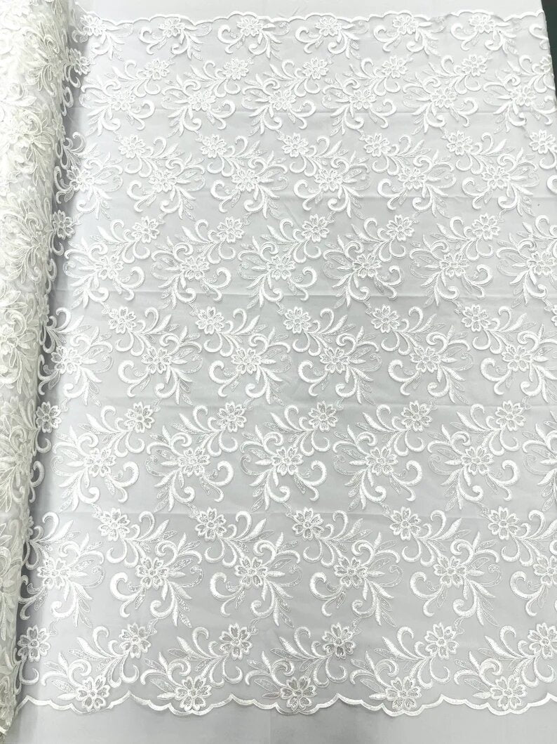Corded flowers embroider with sequins on a mesh lace fabric-sold by the yard- White