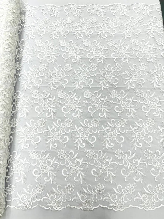 Corded flowers embroider with sequins on a mesh lace fabric-sold by the yard- White