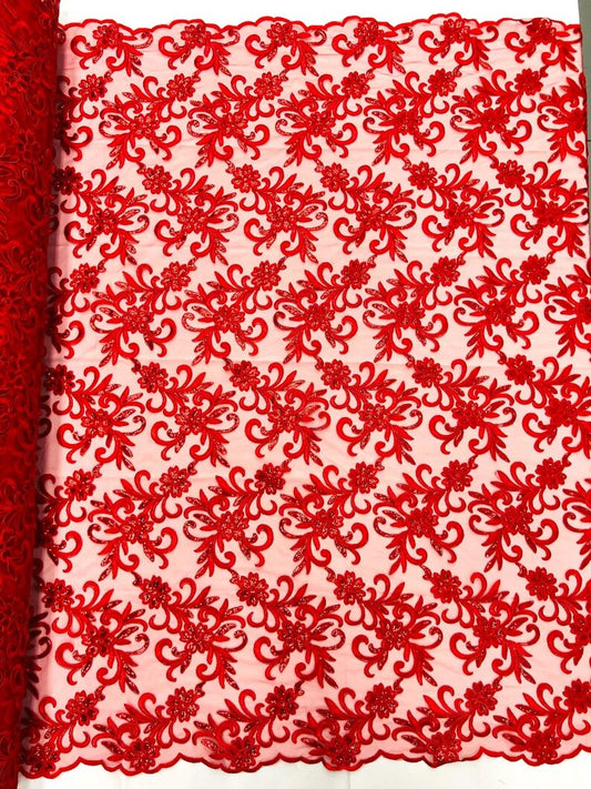 Corded flowers embroider with sequins on a mesh lace fabric-sold by the yard- Red