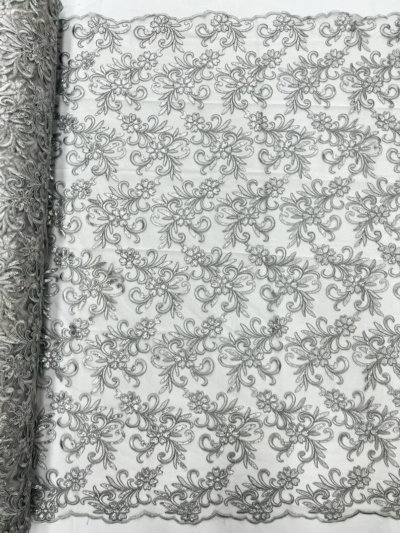 Corded flowers embroider with sequins on a mesh lace fabric-sold by the yard- Silver Gray