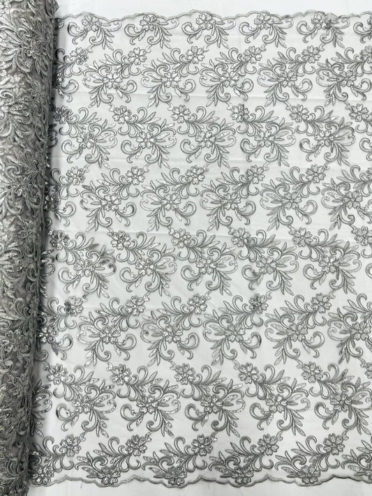 Corded flowers embroider with sequins on a mesh lace fabric-sold by the yard- Silver Gray