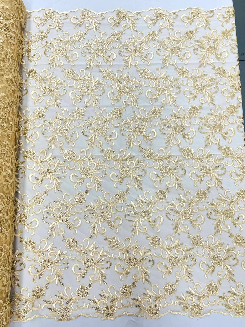 Corded flowers embroider with sequins on a mesh lace fabric-sold by the yard- Champagne