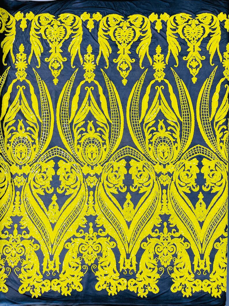 Empire damask design with sequins embroider on a Black 4 way stretch mesh fabric-sold by the yard. Yellow