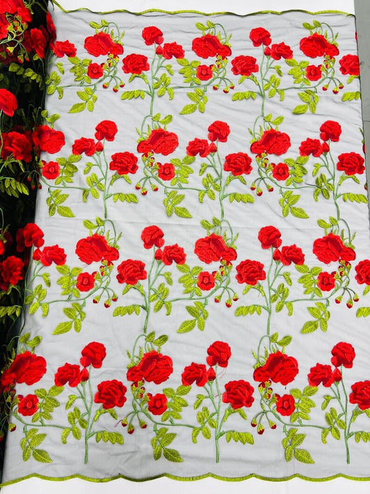 Multi color floral design embroider on a black mesh lace-dresses-apparel-fashion-prom-nightgown-decorations-sold by the yard. Red/Black