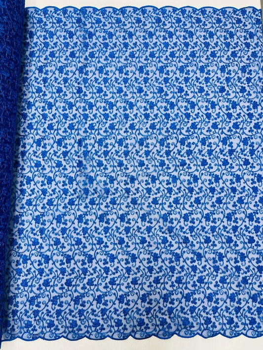 Corded flowers embroider with sequins on a mesh lace fabric-sold by the yard- Royal Blue Metallic