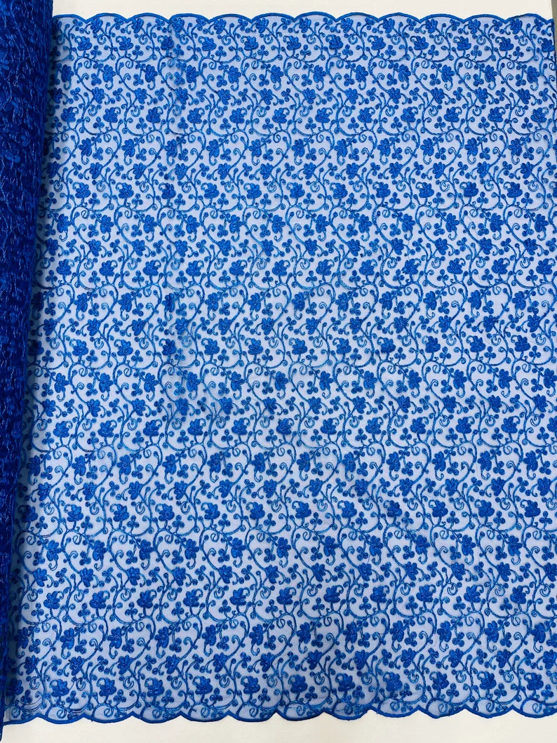 Corded flowers embroider with sequins on a mesh lace fabric-sold by the yard- Royal Blue Metallic