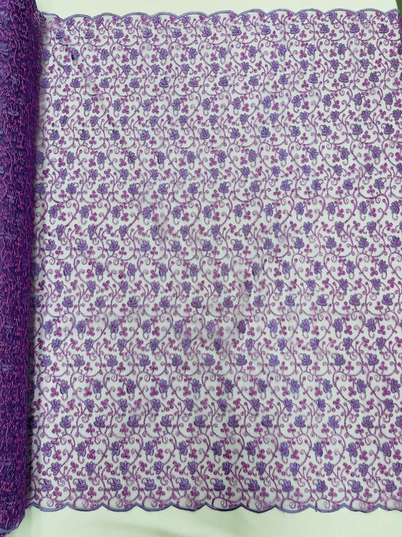 Corded flowers embroider with sequins on a mesh lace fabric-sold by the yard- Lavender Metallic
