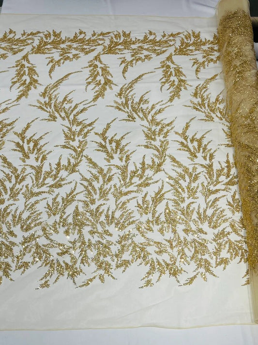 Elegant hand beaded design embroider on a glitter mesh lace-prom-sold by the yard. Gold