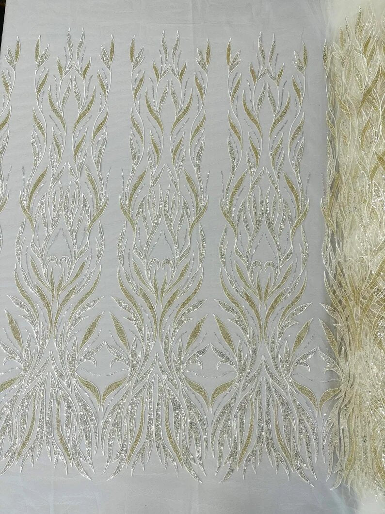 Royalty Fabrics Fashion Damask hand beaded design embroider on a mesh lace-prom-sold by the yard. Ivory