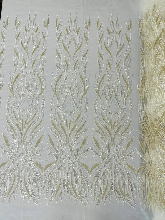 Royalty Fabrics Fashion Damask hand beaded design embroider on a mesh lace-prom-sold by the yard. Ivory