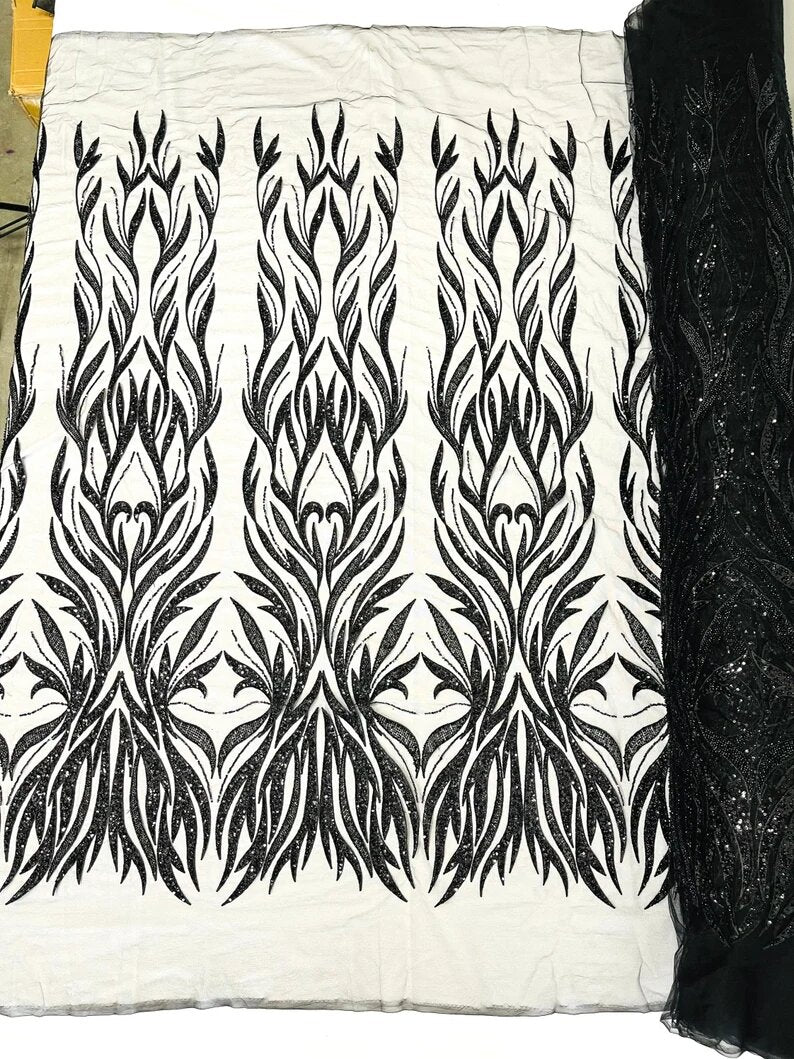 Royalty Fabrics Fashion Damask hand beaded design embroider on a mesh lace-prom-sold by the yard. Black