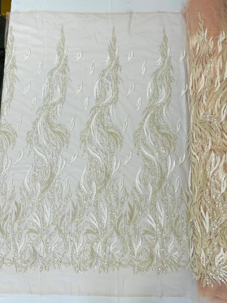 Royalty Fabrics Fire/Flames hand beaded design embroider on a mesh lace-prom-sold by the yard. Blush
