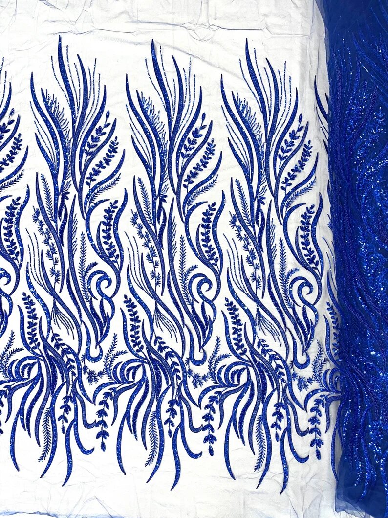 Royalty Fabrics Feathers hand beaded design embroider on a mesh lace-prom-sold by the yard. Royal Blue