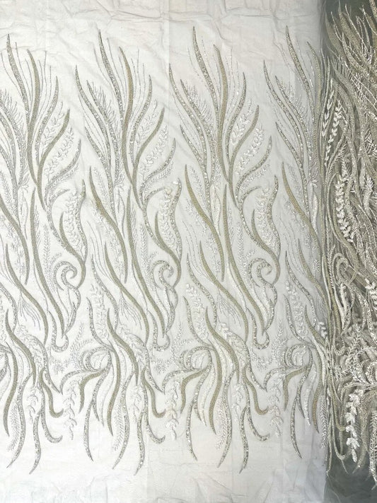 Royalty Fabrics Feathers hand beaded design embroider on a mesh lace-prom-sold by the yard. Silver