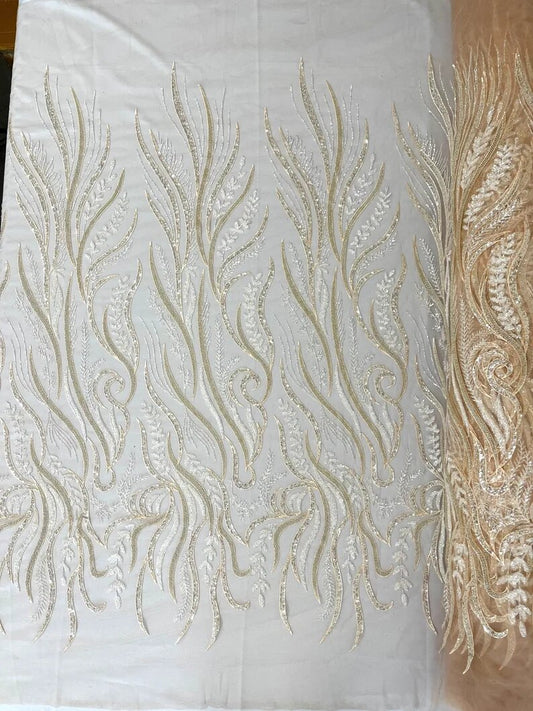 Royalty Fabrics Feathers hand beaded design embroider on a mesh lace-prom-sold by the yard. Blush