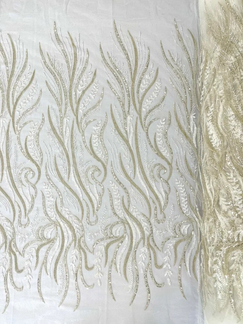Royalty Fabrics Feathers hand beaded design embroider on a mesh lace-prom-sold by the yard. Ivory