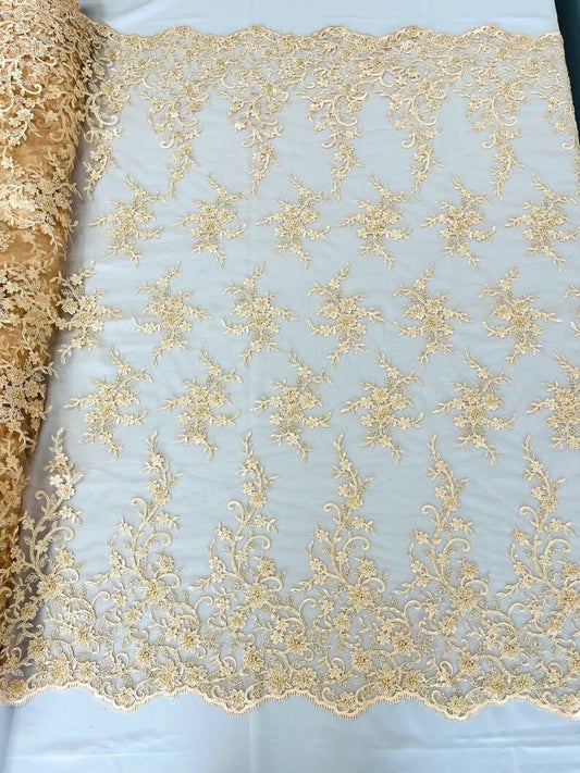 Royalty Fabrics Floral hand beaded design embroider on a mesh lace-prom-sold by the yard. Blush
