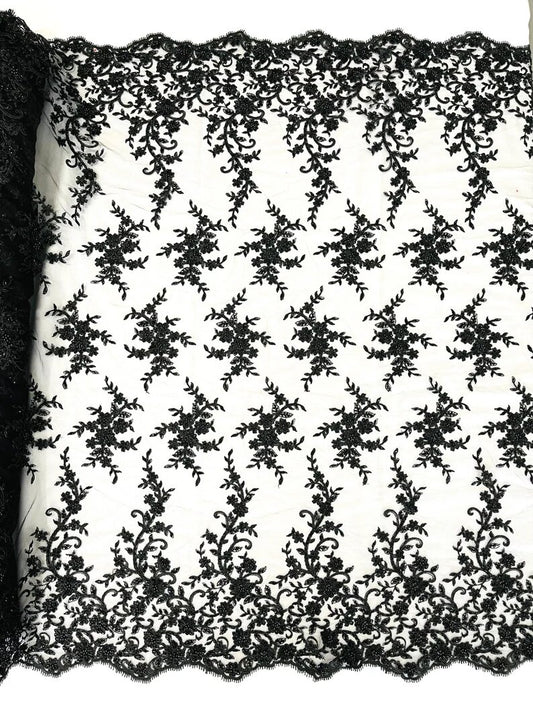 Royalty Fabrics Floral hand beaded design embroider on a mesh lace-prom-sold by the yard. Black