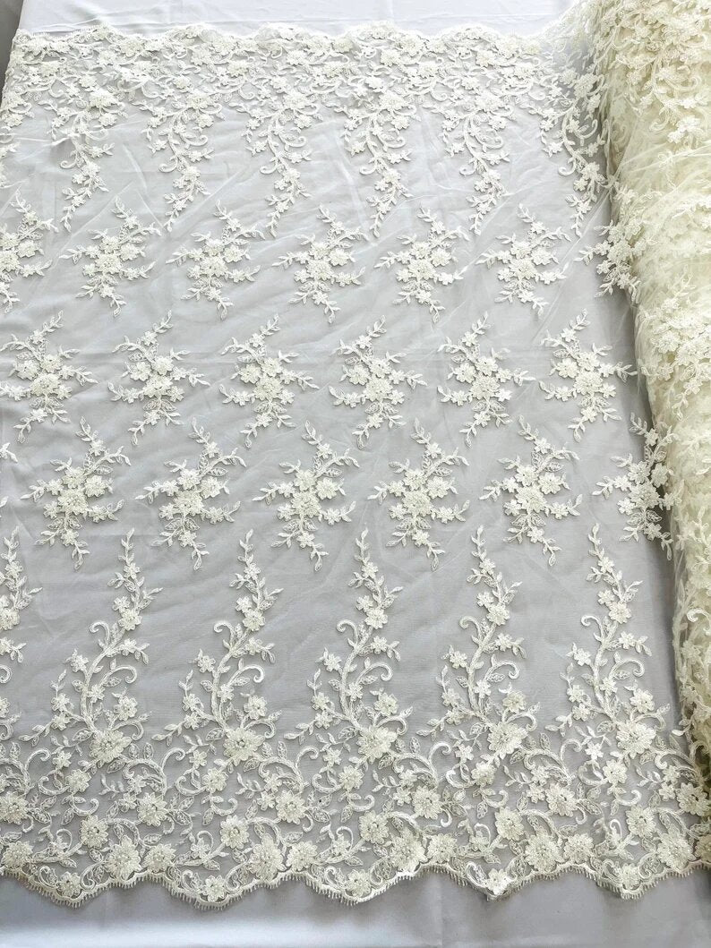 Royalty Fabrics Floral hand beaded design embroider on a mesh lace-prom-sold by the yard. Ivory