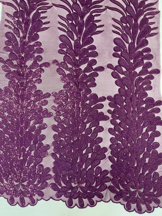 Royalty Feathers Peacock with Embroidery sequins on stretch Mesh Lace Fabric (By 3 Panels) Eggplant
