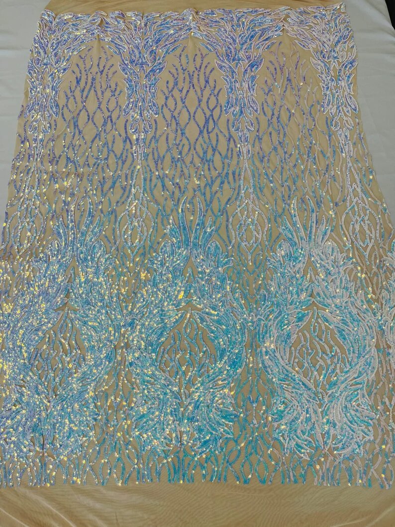 New Empire damask design with sequins embroider on a 4 way stretch mesh fabric-sold by the yard. Aqua