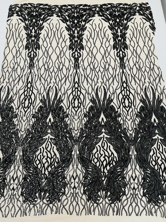 New Empire damask design with sequins embroider on a 4 way stretch mesh fabric-sold by the yard. Black