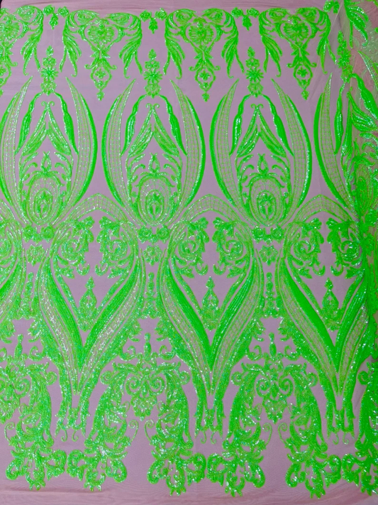 Damask Design Sequins Embroider on a 4 Way Stretch Mesh Fabric- Sold by The Yard. Neon Green Iridescent