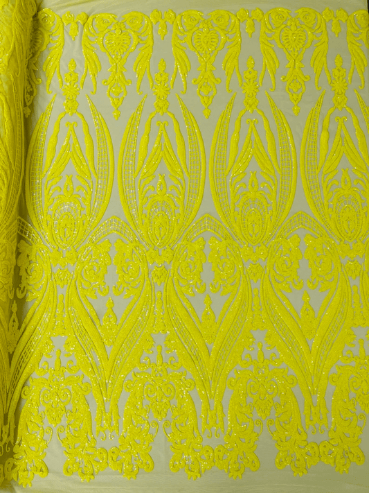 Damask Design Sequins Embroider on a 4 Way Stretch Mesh Fabric- Sold by The Yard. Yellow