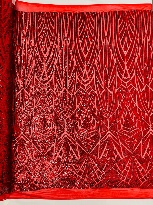 Geometric Shiny Design Sequins Embroider on a 4 Way Stretch Mesh Fabric- Sold by The Yard. Red
