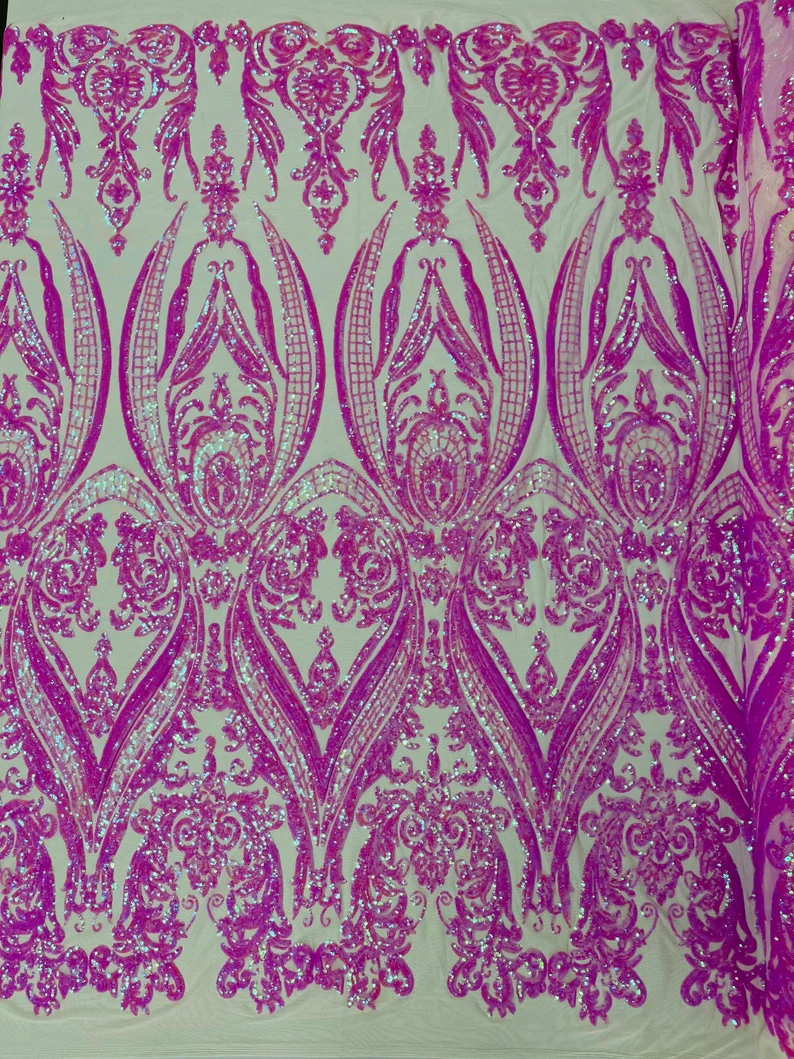Damask Design Sequins Embroider on a 4 Way Stretch Mesh Fabric- Sold by The Yard. Candy Pink