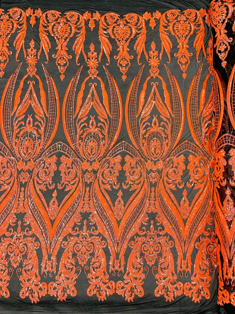 Damask Design Sequins Embroider on a 4 Way Stretch Mesh Fabric- Sold by The Yard. Neon Orange Black Iridescent