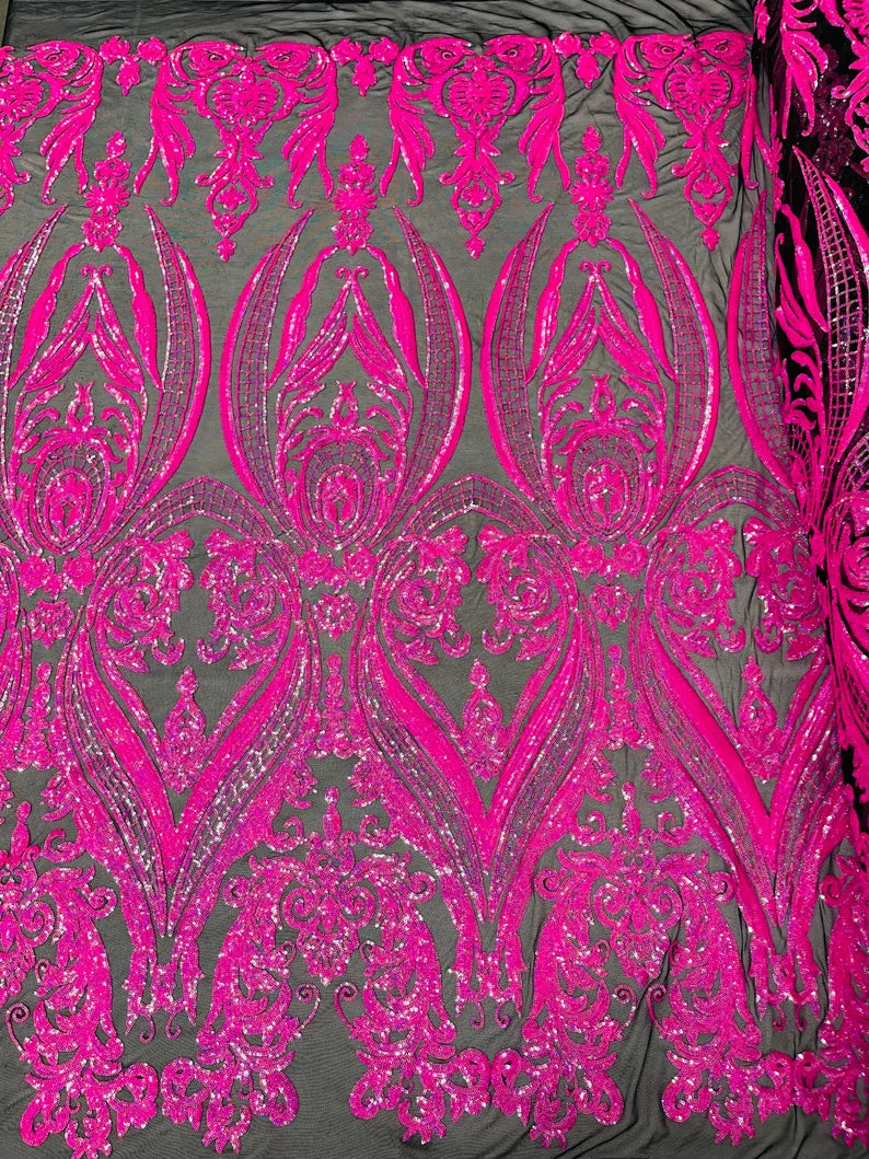 Damask Design Sequins Embroider on a 4 Way Stretch Mesh Fabric- Sold by The Yard. Neon Hot Pink Black