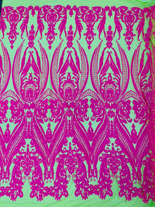 Damask Design Sequins Embroider on a 4 Way Stretch Mesh Fabric- Sold by The Yard. Hot Pink Neon Green