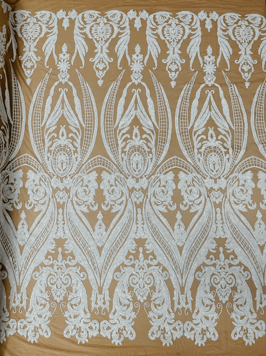 Damask Design Sequins Embroider on a 4 Way Stretch Mesh Fabric- Sold by The Yard. Dk Nude White