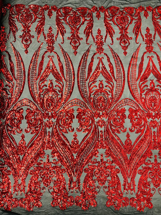 Damask Design Sequins Embroider on a 4 Way Stretch Mesh Fabric- Sold by The Yard. Red Black