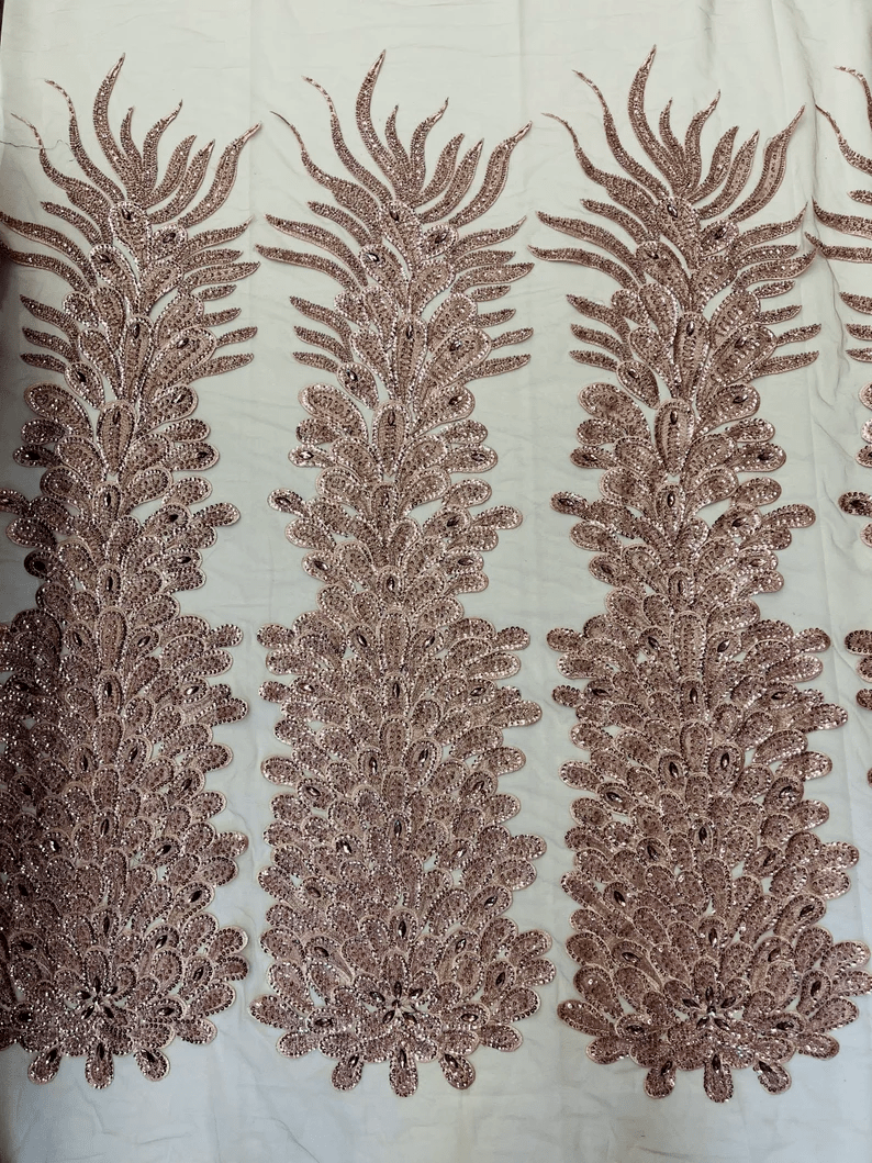 Feather Design Heavy Beaded Embroidery On a Mesh Fabric-Sold By The Panel- Rose Gold